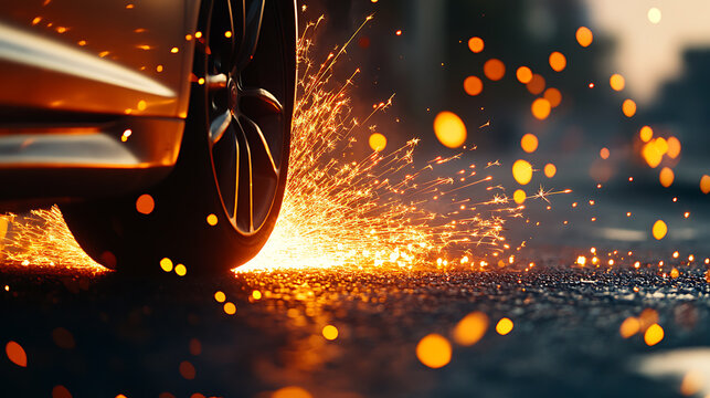 The car is driving on the road without tires, there are sparks