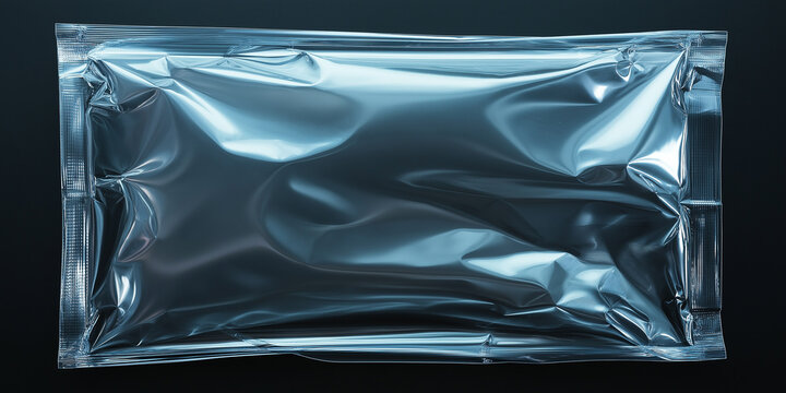 Empty vacuum sealed plastic bag packaging on black background