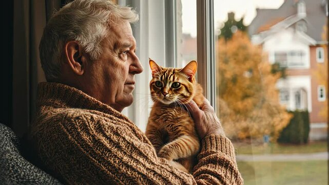 Older man wearing a casual sweater, holding a cat and looking out the window, soft overcast lighting, suburban neighborhood in the background