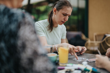 A young woman intensely engaged in a card game with friends at an outdoor cafe, showcasing concentration and leisure. A glass of orange juice is on the table.