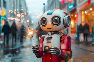 2025 futuristic new year concept. Happy smiling red robot with a sparkler on festive city street with blurred lights in background. Artificial intelligence among people