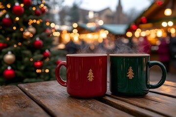 Christmas market concept. Two steaming red and green holiday mugs on wooden table with Christmas lights and tree blurred in background