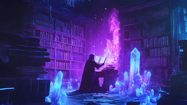 Enchanted library, magical tomes, glowing crystals, a wizard studying ancient spells in a dimly lit room during a thunderstorm, realistic, spotlight, chromatic aberration. Arcane. Illustration