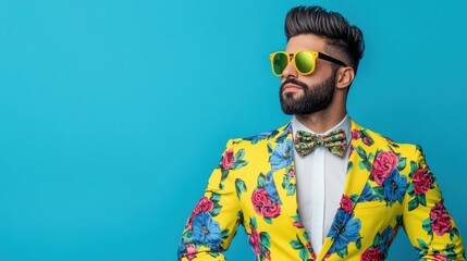 Vibrant modern pop art poster featuring a stylish man in a floral suit and a striking blue floral...