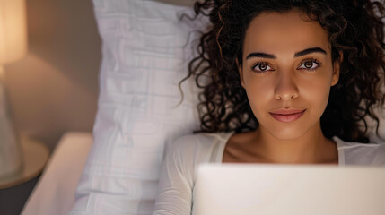 A young Arab woman enjoys her coffee while catching up on the news, blending relaxation with informed insights at home.