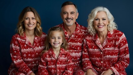 Fototapeta premium Portrait of happy family with matching Christmas pyjamas on a blue snowflake background.
