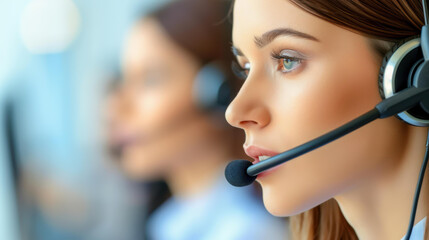 A young female operator in the office receives guidance from her executive director, enhancing customer support skills.