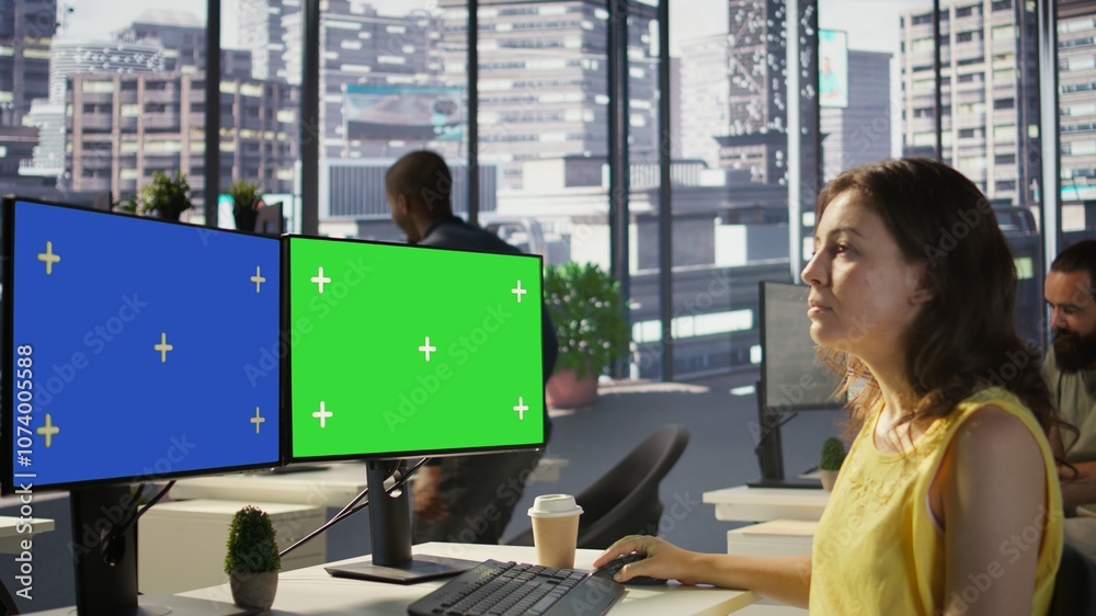 Poster employee using multi monitor isolated screen computer to analyze datasets, comparing accounting figu