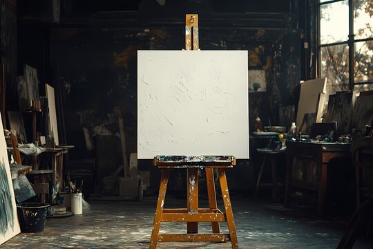 A large white canvas on an easel in the center of a dark art studio, surrounded by various painting supplies and canvases, creates a sense of creativity and inspiration.