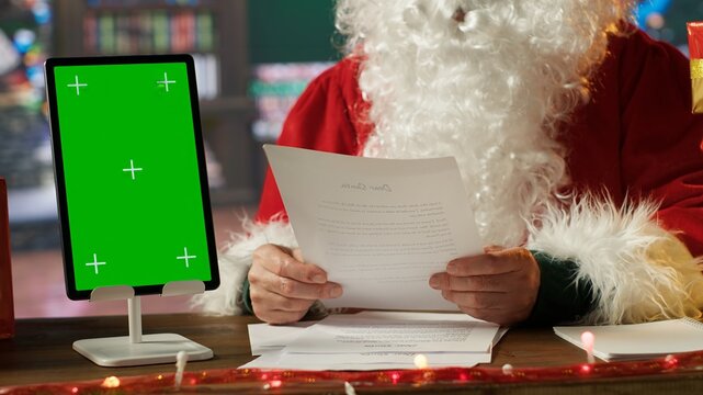 Father Christmas looking at his naughty or nice list next to isolated copy space screen, making preparations for x mas journey to bring gifts. Santa Claus reading wishes from children. Camera A.