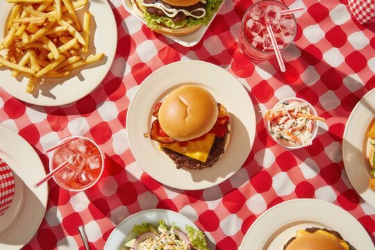 Vibrant table setup with classic burgers and sides in a nostalgic diner environment..