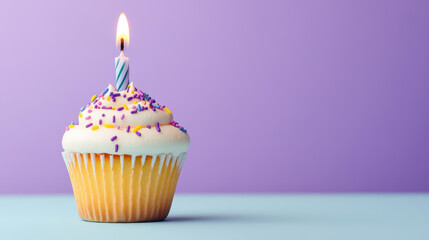 Delight in a vibrant birthday cupcake topped with a lit candle and sweet sprinkles, set against a bright gradient backdrop.
