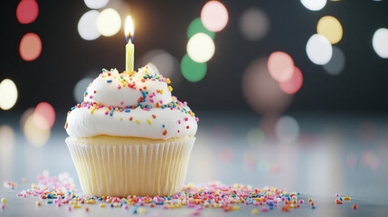 Celebrate with a vibrant cupcake topped with a glowing candle, surrounded by a sprinkle of birthday joy at night