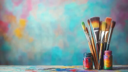 Obraz premium Bright paint bottles and varied brushes neatly arranged on a wooden table, perfect for inspiring creativity and artistry.