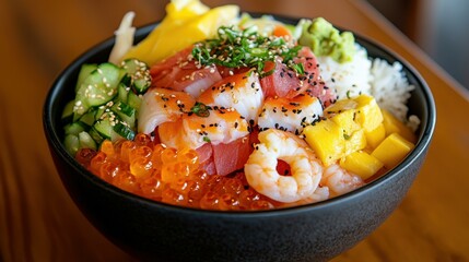 Delight in a vibrant poke bowl, brimming with fresh seafood and veggies, perfect for a cozy dinner with healthy flair.