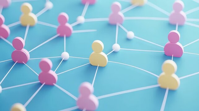 Vibrant digital avatars linked in a network on a blue backdrop, showcasing the essence of social media interactions.