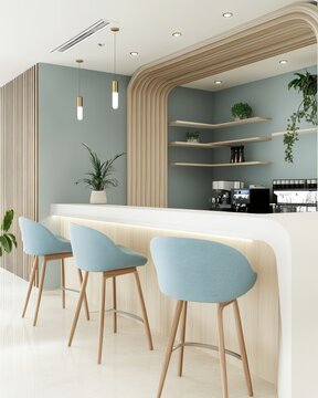 A minimalist pantry bar and collaboration area in a corporate office with modern furniture and blue accents for a fun workspace