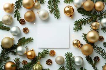 Blank mockup Christmas card with copy space for text on beautiful festive Christmas background with pine and fir branches. Elegant and stylish white holiday card mock-up template