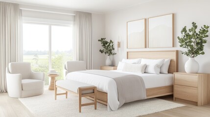 Fototapeta premium Contemporary organic modern bedroom with walnut furniture and light oak flooring in a minimalist design