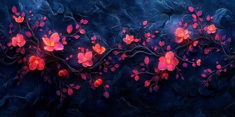 Flowing Arabesque Design with Interconnected Vines and Floral Motifs, Softly Glowing in Neon