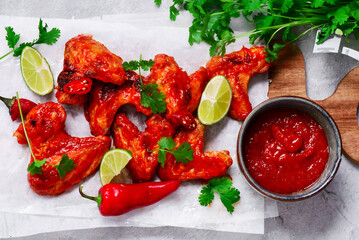 Chicken wings with spicy mango habanero sauce, lime wedges and cilantro .selective focus