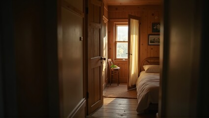 Elegant hallway with hardwood floors, natural light, vintage furniture, chandelier, cozy atmosphere. Generative, AI,