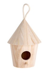 handmade wooden bird house in round shape isolated on white background
