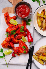 Chicken wings with spicy mango habanero sauce, lime wedges and cilantro .selective focus