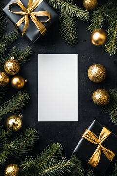 Luxurious beautiful vertical Christmas card background of elegant festive ornaments, decorations, and pine on holiday backdrop, holiday season elegance. Blank copy space for text