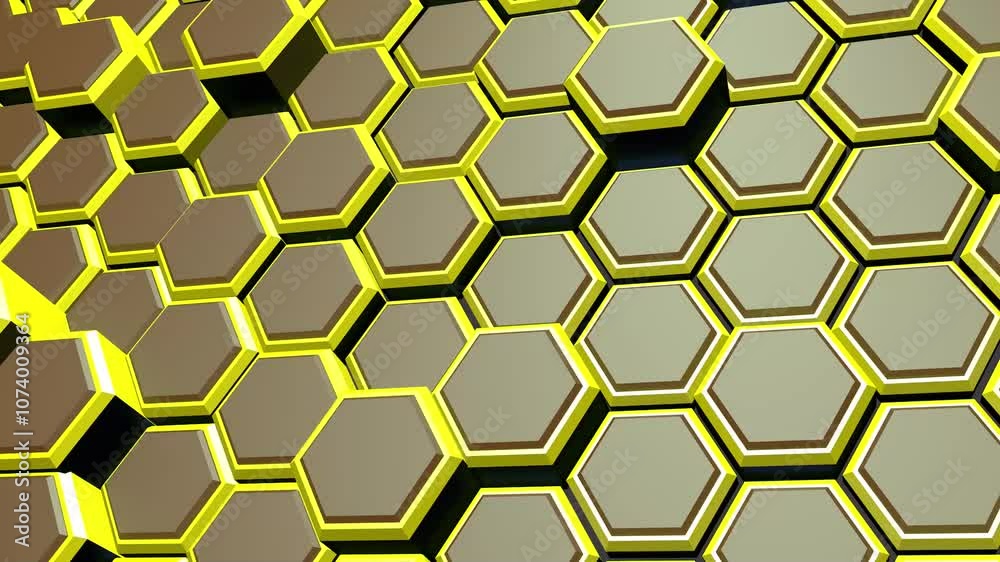 Poster yellow and gray hexagonal grid animation with 3d effect, creating a futuristic texture.