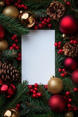 Luxurious beautiful vertical Christmas card background of elegant festive ornaments, decorations, and pine on holiday backdrop, holiday season elegance. Blank copy space for text