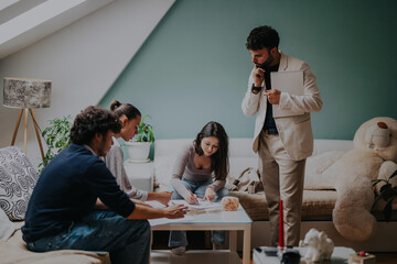 High school students work together on a school project with their professor in a cozy home environment. The setting encourages creativity and collaboration, enhancing their learning experience.