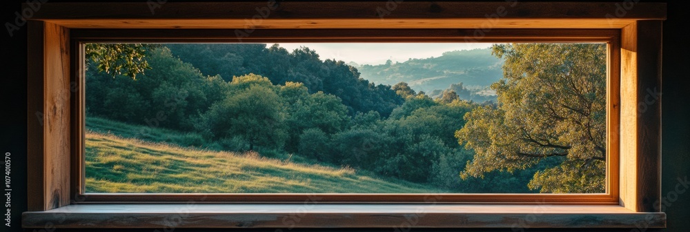 Poster the window offers a picturesque view of rolling green hills and dense trees under a tranquil sky at 