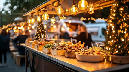Bustling food truck gathering at dusk, warm lights, mix of people enjoying food, outdoor seating, dynamic and welcoming street food charm