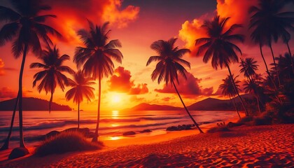 Vibrant sunset with palm trees on sandy beach, creating warm, tropical atmosphere