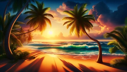 Vibrant sunset with palm trees on sandy beach, creating warm, tropical atmosphere