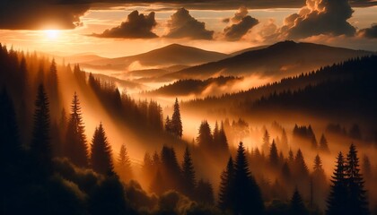 Obraz premium Golden hour sunlight streaming through misty forest, creating peaceful and magical atmosphere