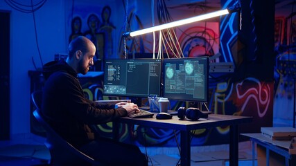 Hacker building spyware software designed to gather information from users computers without their knowledge. Man doing cybercriminal activities in rundown hideout, dolly out shot