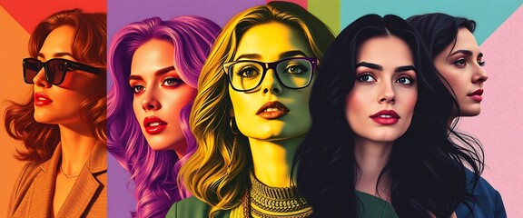 Obraz premium A retro-colored collage featuring women, combining photography with flat graphic shapes,