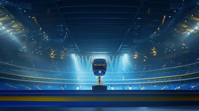 A stadium with a trophy on a pedestal. The stadium is empty and the trophy is the main focus of the image