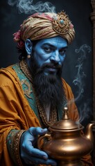Oriental Genie Coming Out of Aladdin's Lamp, Mystical Magic, Fantasy Illustration