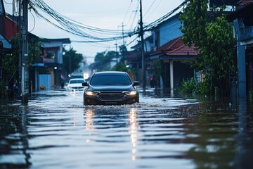 Cars driving through flooded street after heavy rain