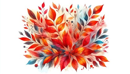 Abstract Watercolor Foliage with Red and Orange Leaves


