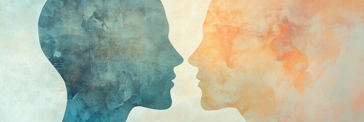 Two abstract silhouettes in soft pastel colors illustrate the themes of communication and empathy, connecting through their profiles. Generative AI