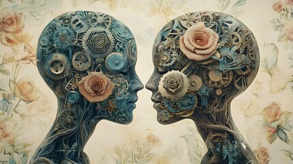 Romantic attachment, mechanical brain gears, vintage style, soft color palette, two heads with intricate thought patterns, vintage detailed illustration