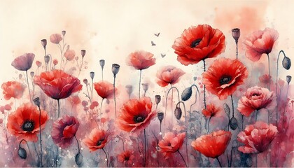 Artistic watercolor background with vintage red poppies, creating rustic and bold aesthetic