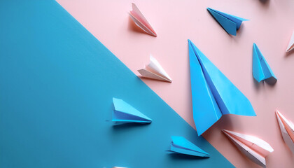 blue paper planes, isolated on a soft blue and Pink Pastel