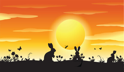 silhouettes of grass and flowers and rabbits