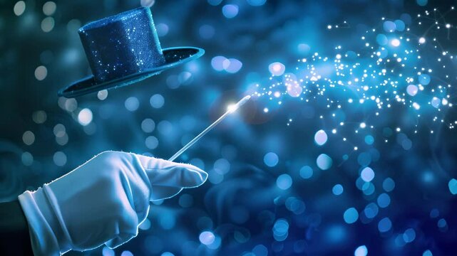 A magician is holding a wand and pointing it at a blue background. The wand is surrounded by a blue sparkle, giving the impression of magic