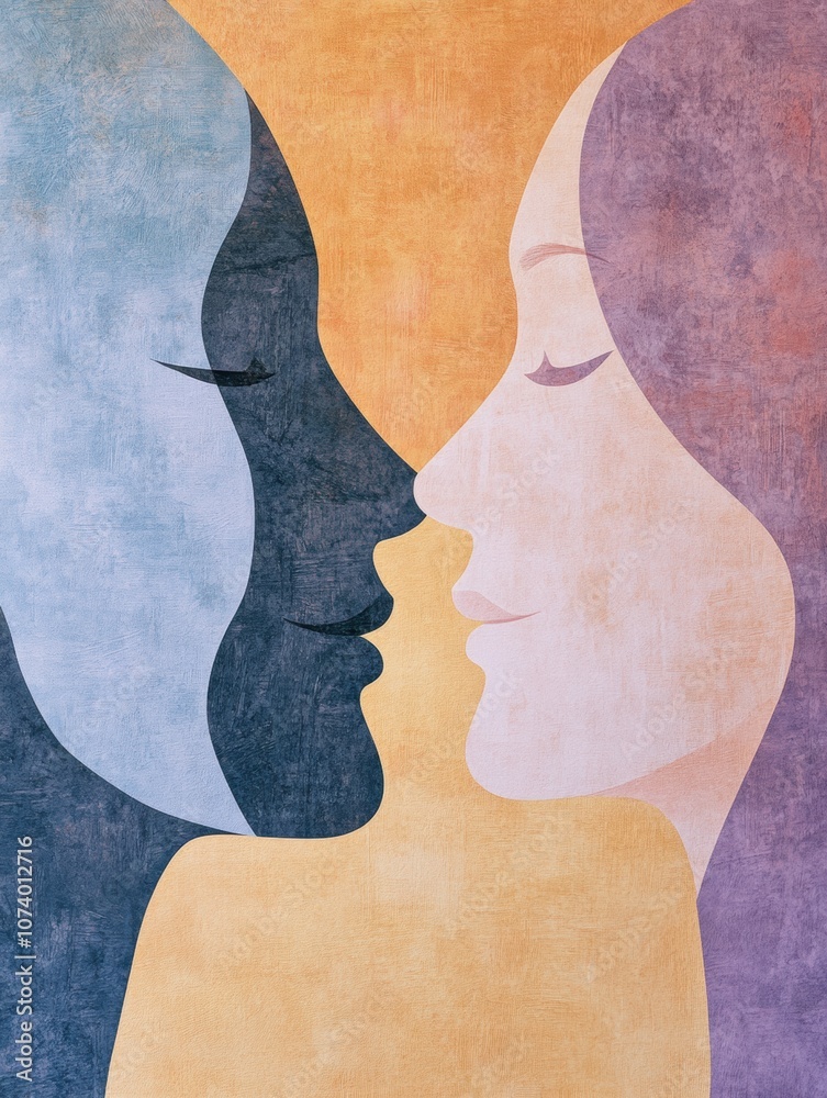 Fototapete The artwork features two abstract faces in pastel colors, symbolizing the themes of empathy and communication in a harmonious blend. Generative AI